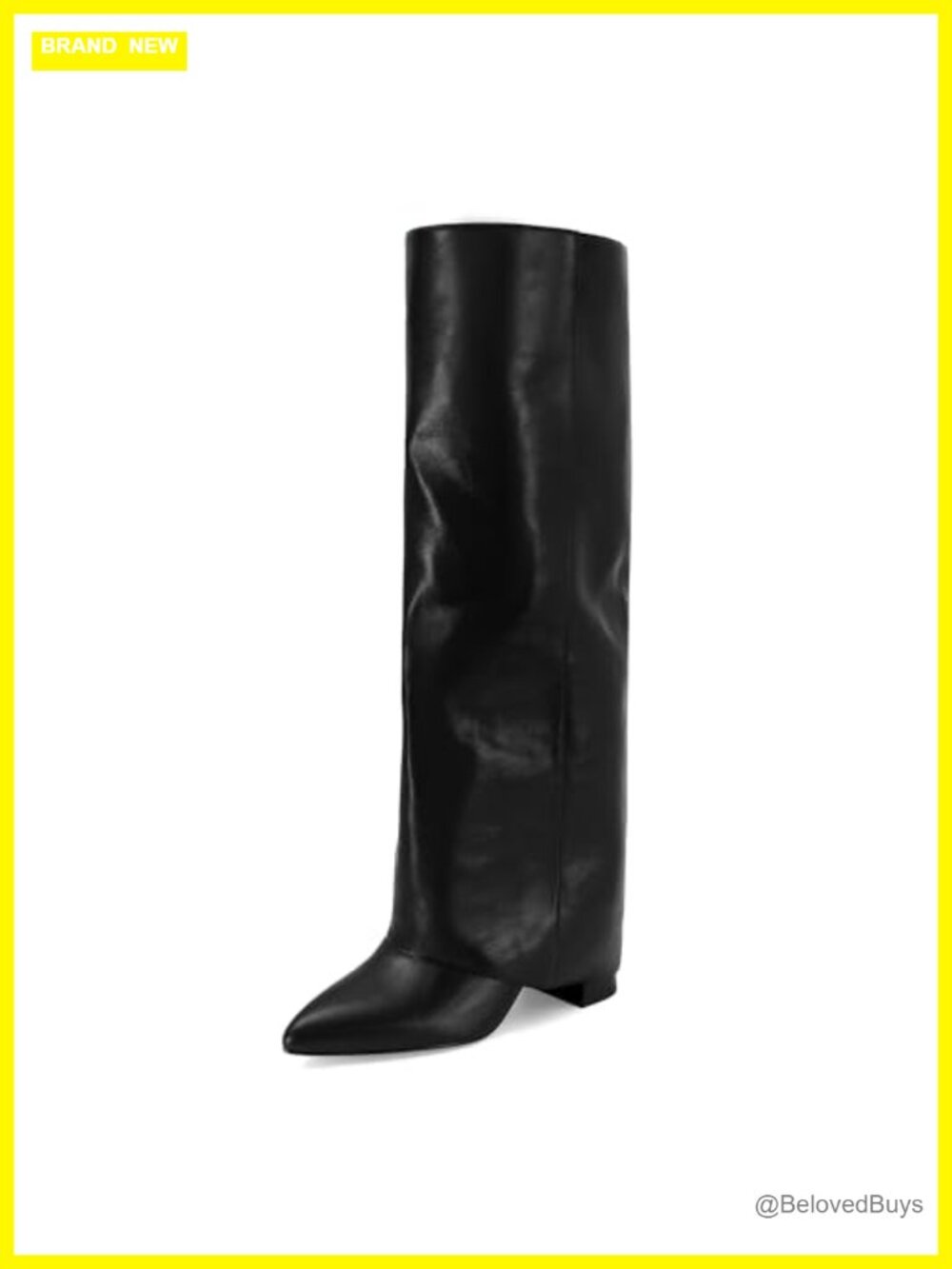 Faux Leather Knee High Boots Fold Over Chunky Heel Pointed Toe Tall Dress Boots